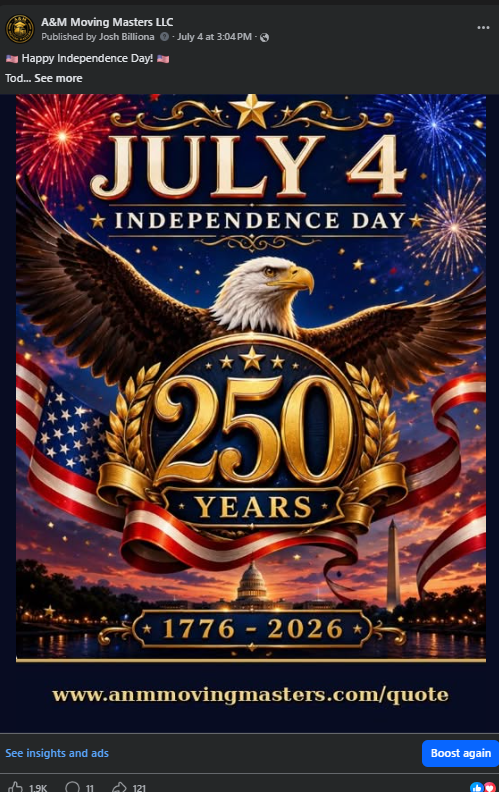 A&M Moving Masters July 4th Independence Day viral Facebook post with 1.9K reactions