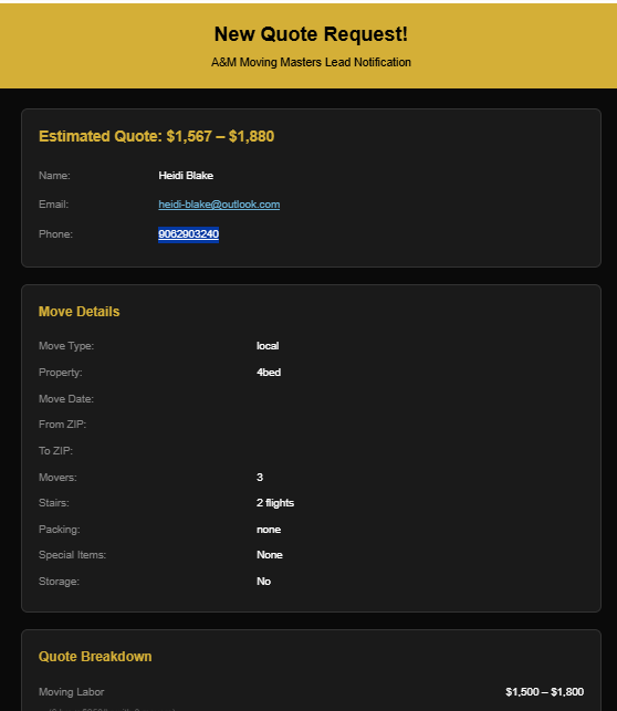 Detailed quote request email showing estimated price, customer contact info, and full move breakdown